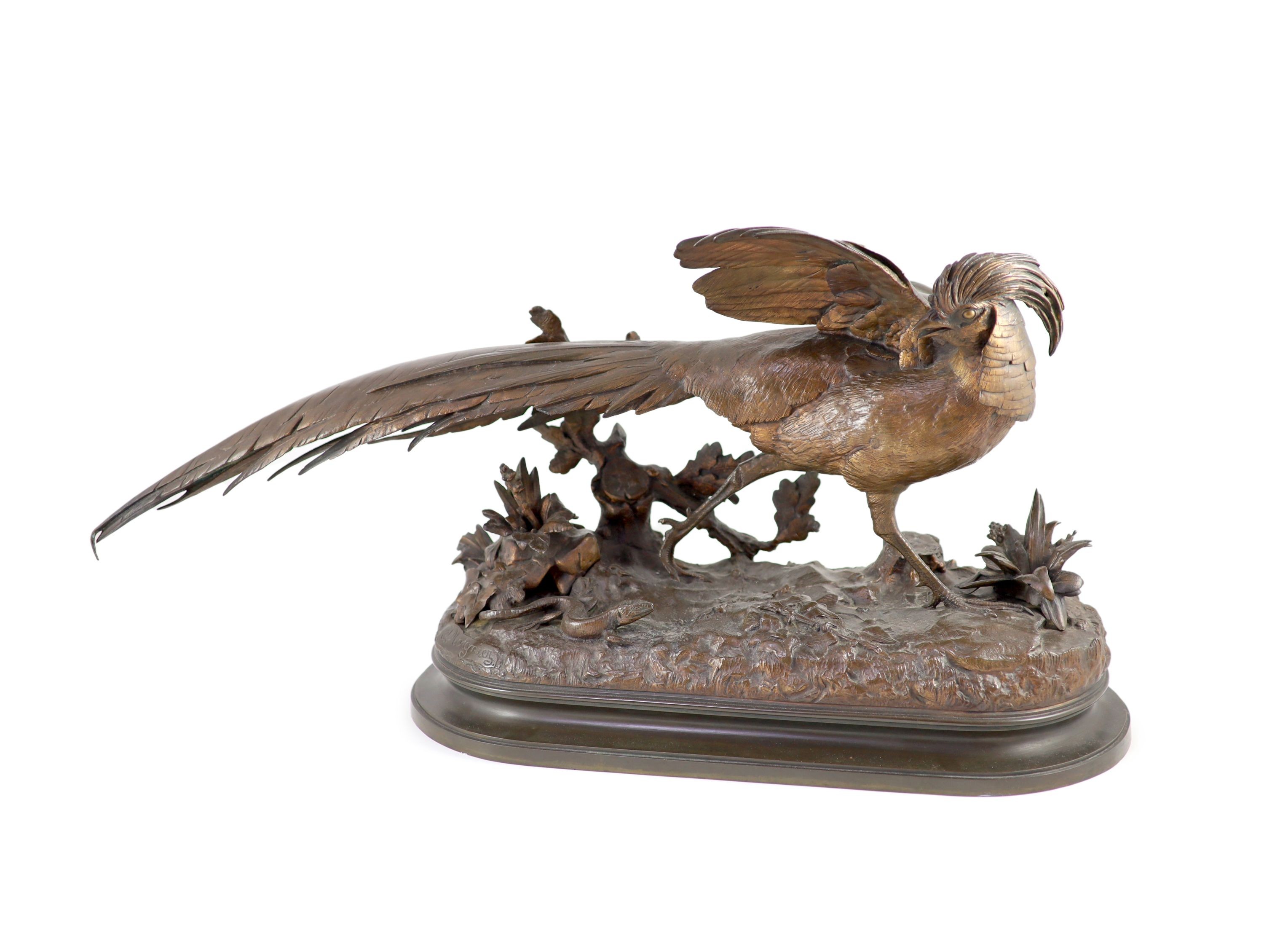 Jules Moigniez (1835-1894). A bronze group of an Golden Pheasant startled by a lizard width 78cm height 39cm